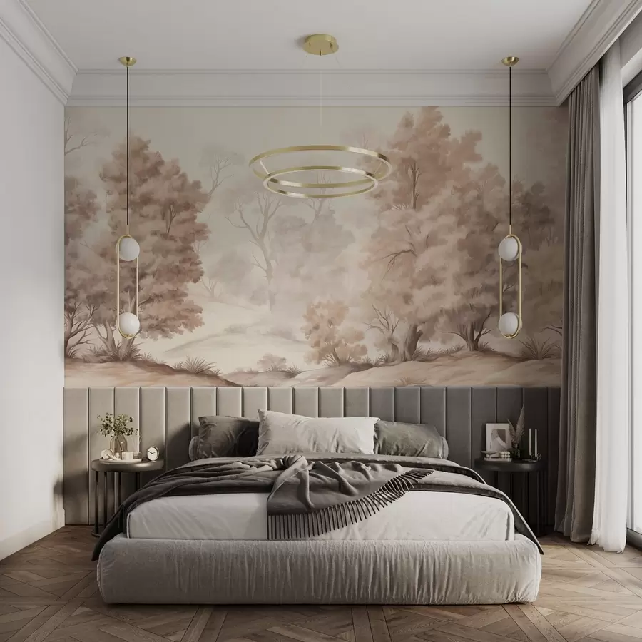 wall murals Textured landscape painting imitation of a forest with tall trees and grass, muted and soft colors, calming scene w09474