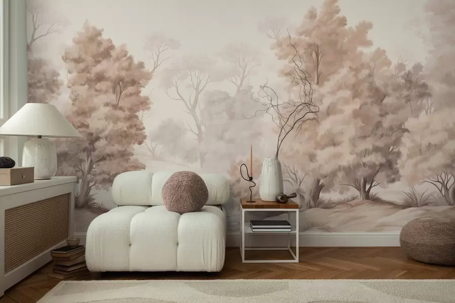 wall murals Textured landscape painting imitation of a forest with tall trees and grass, muted and soft colors, calming scene w09474
