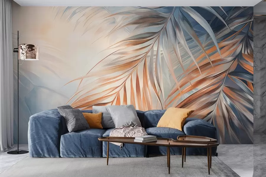 wall murals Palm leaves with orange and blue tones, light textured background with soft colors, elegant tropical style w09475