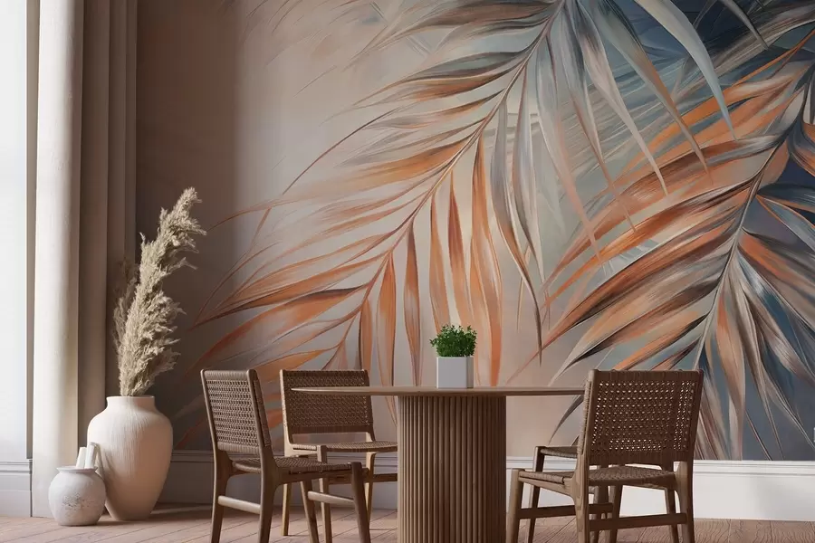 wall murals Palm leaves with orange and blue tones, light textured background with soft colors, elegant tropical style w09475