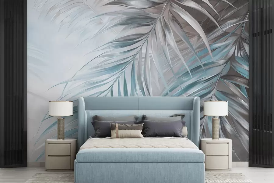 wall murals Palm leaves with gray and blue tones, light textured background with soft colors, elegant tropical style w09475v1