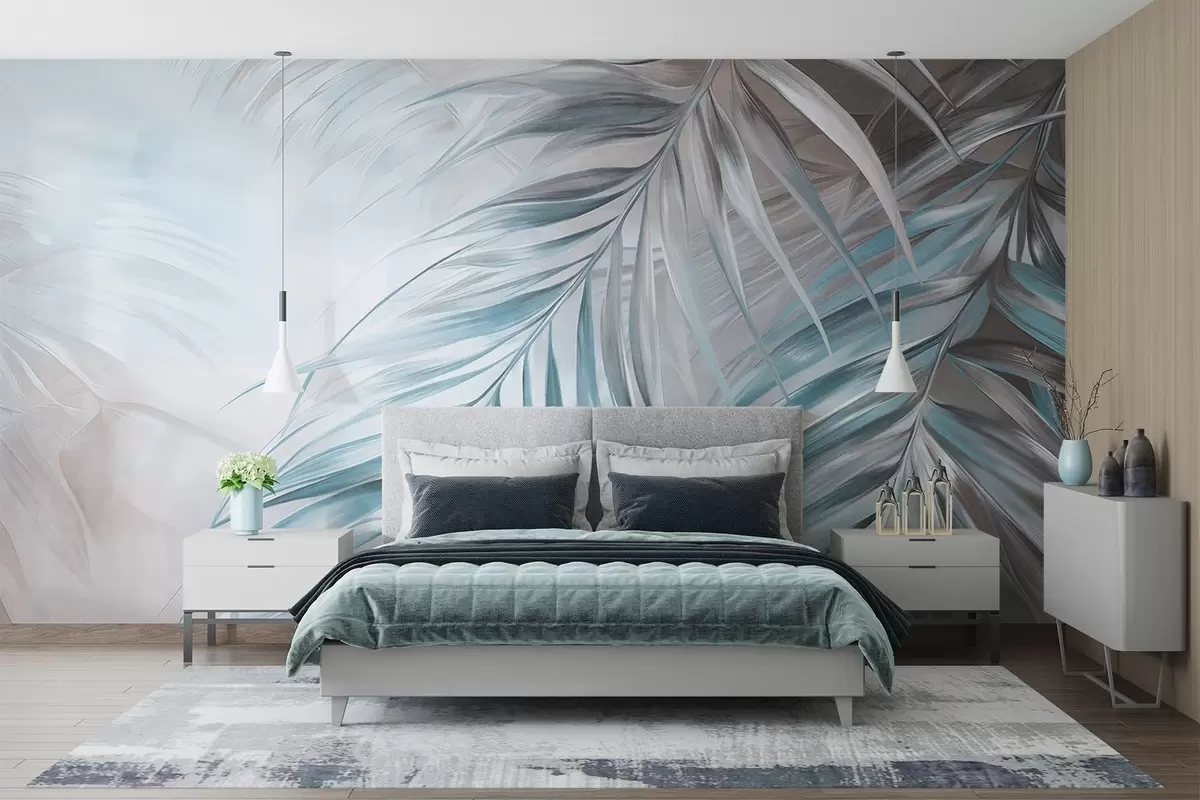 wall murals Palm leaves with gray and blue tones, light textured background with soft colors, elegant tropical style w09475v1