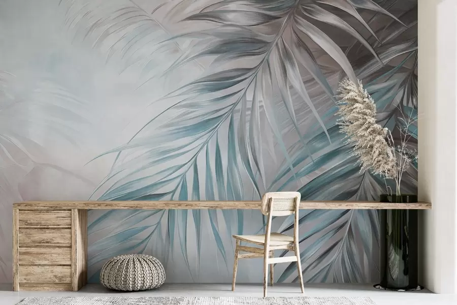 wall murals Palm leaves with gray and blue tones, light textured background with soft colors, elegant tropical style w09475v1