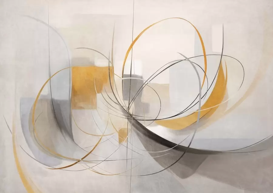 wall murals Abstract textured modern painting style with curved lines and geometric shapes in shades of gray, white and orange w09476