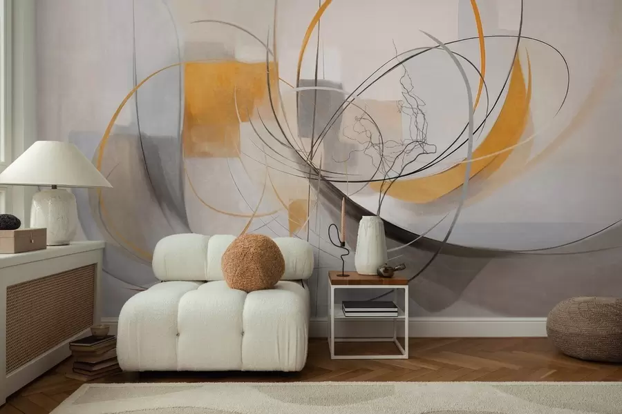 wall murals Abstract textured modern painting style with curved lines and geometric shapes in shades of gray, white and orange w09476