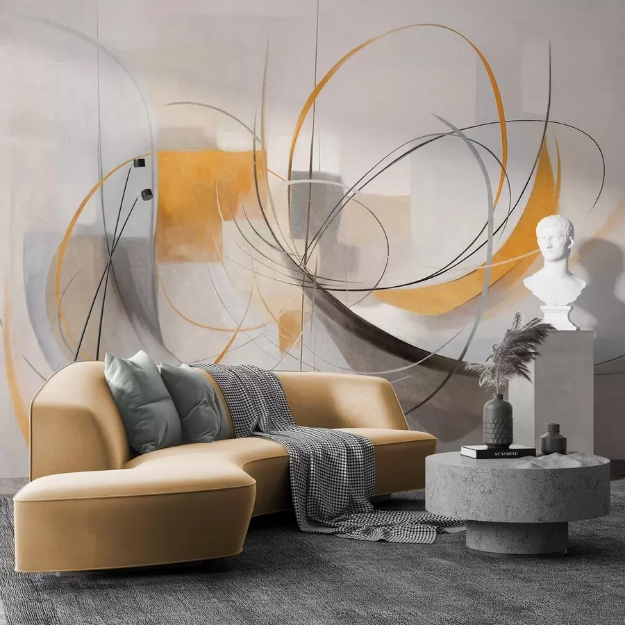 wall murals Abstract textured modern painting style with curved lines and geometric shapes in shades of gray, white and orange w09476