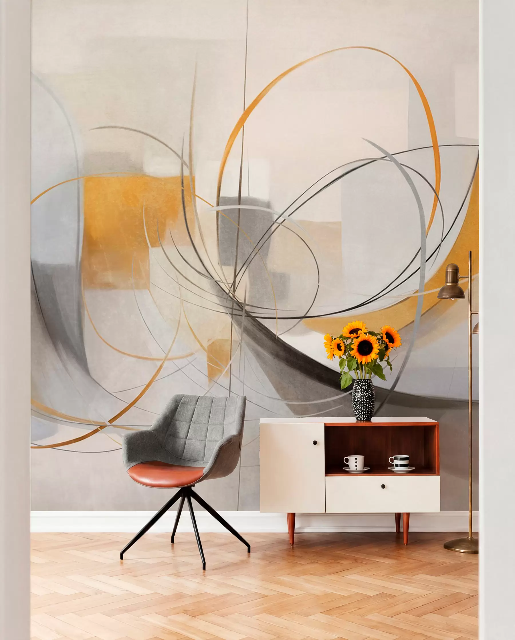 wall murals Sweeping Lines in Ochre w09476