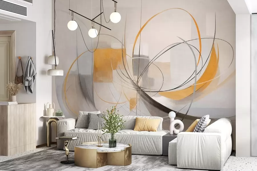 wall murals Abstract textured modern painting style with curved lines and geometric shapes in shades of gray, white and orange w09476