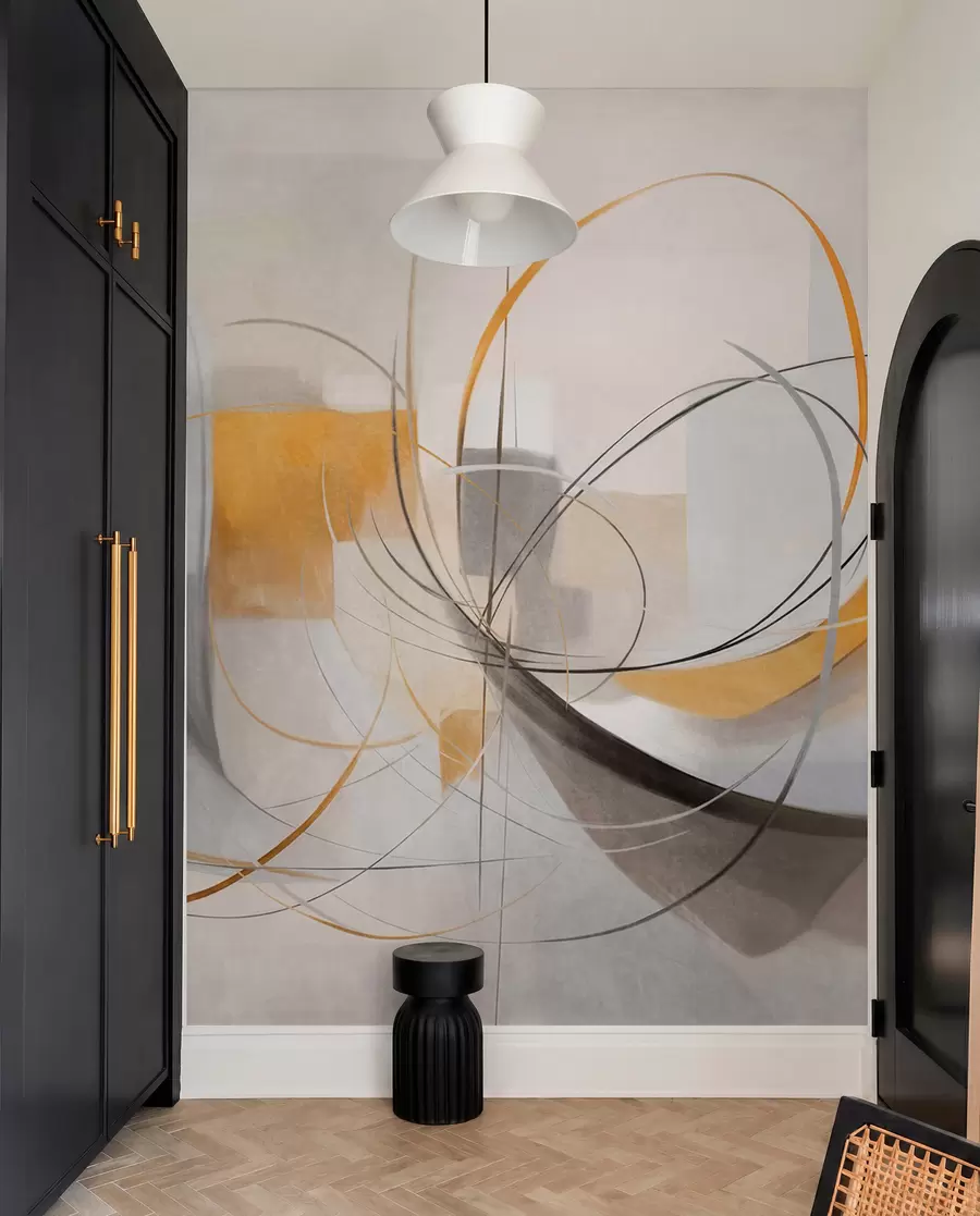 wall murals Abstract textured modern painting style with curved lines and geometric shapes in shades of gray, white and orange w09476