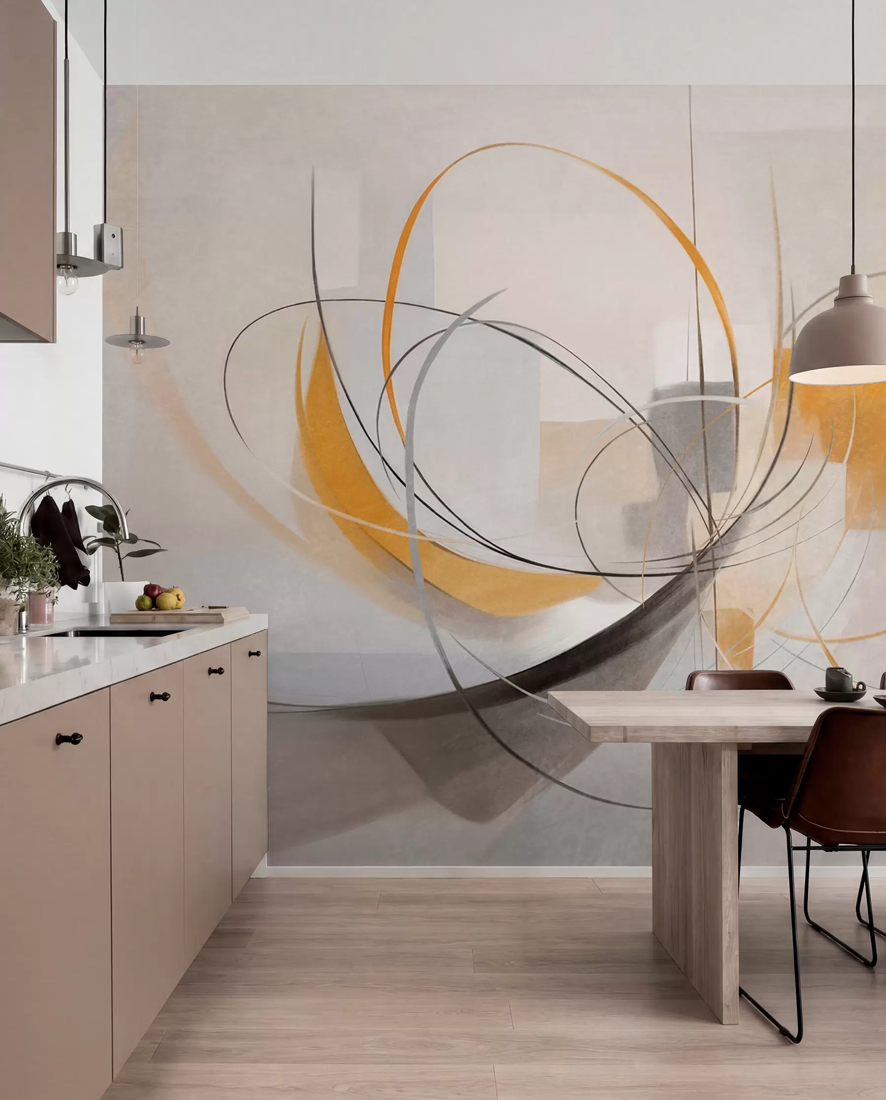 wall murals Abstract textured modern painting style with curved lines and geometric shapes in shades of gray, white and orange w09476