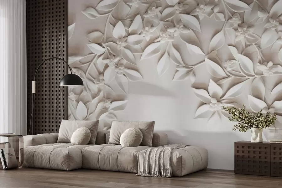 wall murals White textured flowers and leaves, floral arrangement , elegant design, minimalist style, decorative art w09479