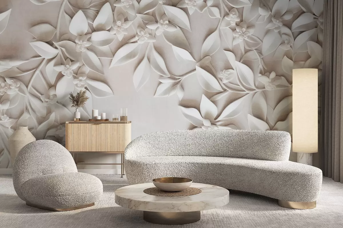 wall murals White textured flowers and leaves, floral arrangement , elegant design, minimalist style, decorative art w09479