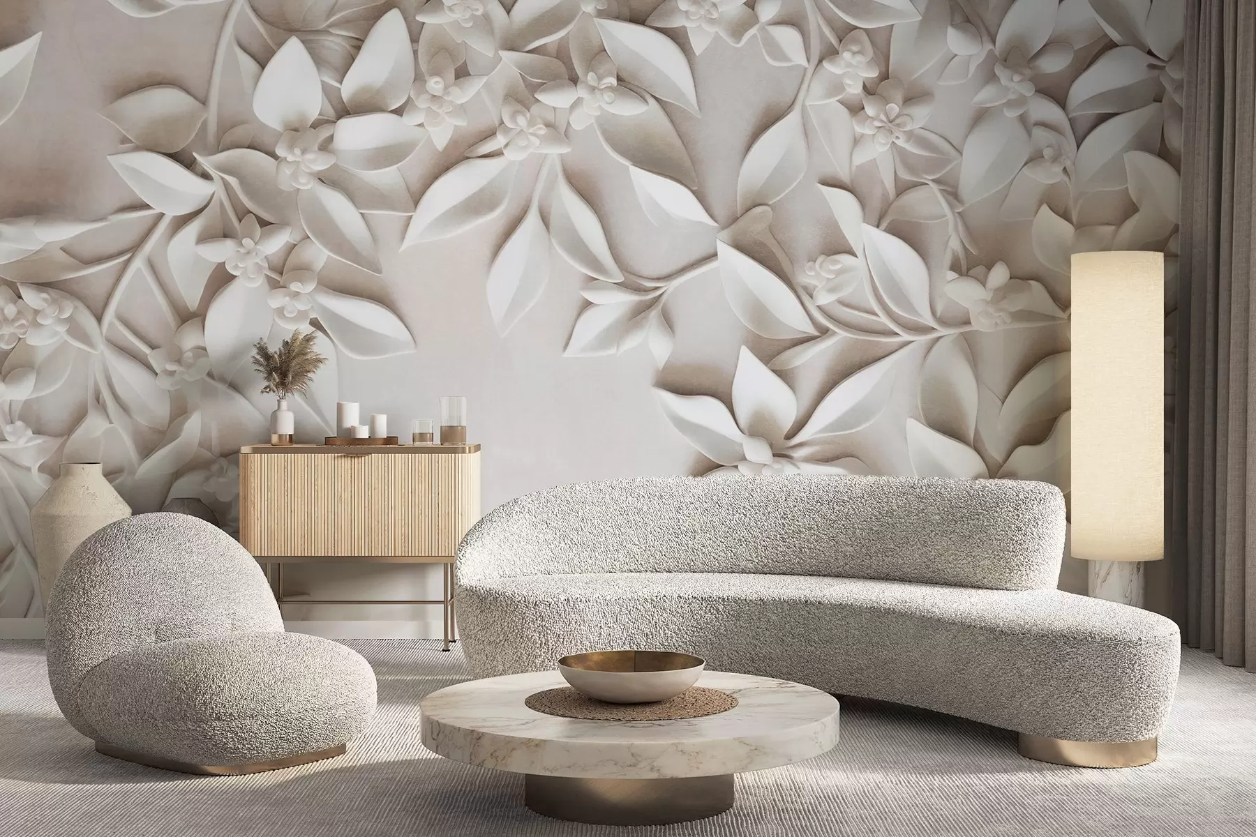 wall murals White textured flowers and leaves, floral arrangement , elegant design, minimalist style, decorative art w09479