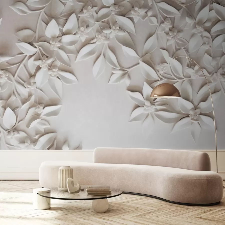 wall murals White textured flowers and leaves, floral arrangement , elegant design, minimalist style, decorative art w09479