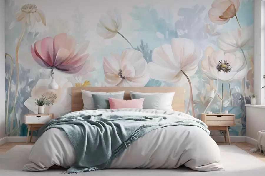 wall murals A field of pastel-colored flowers with delicate petals, soft green leaves, in a dreamy, textured watercolor style w09481