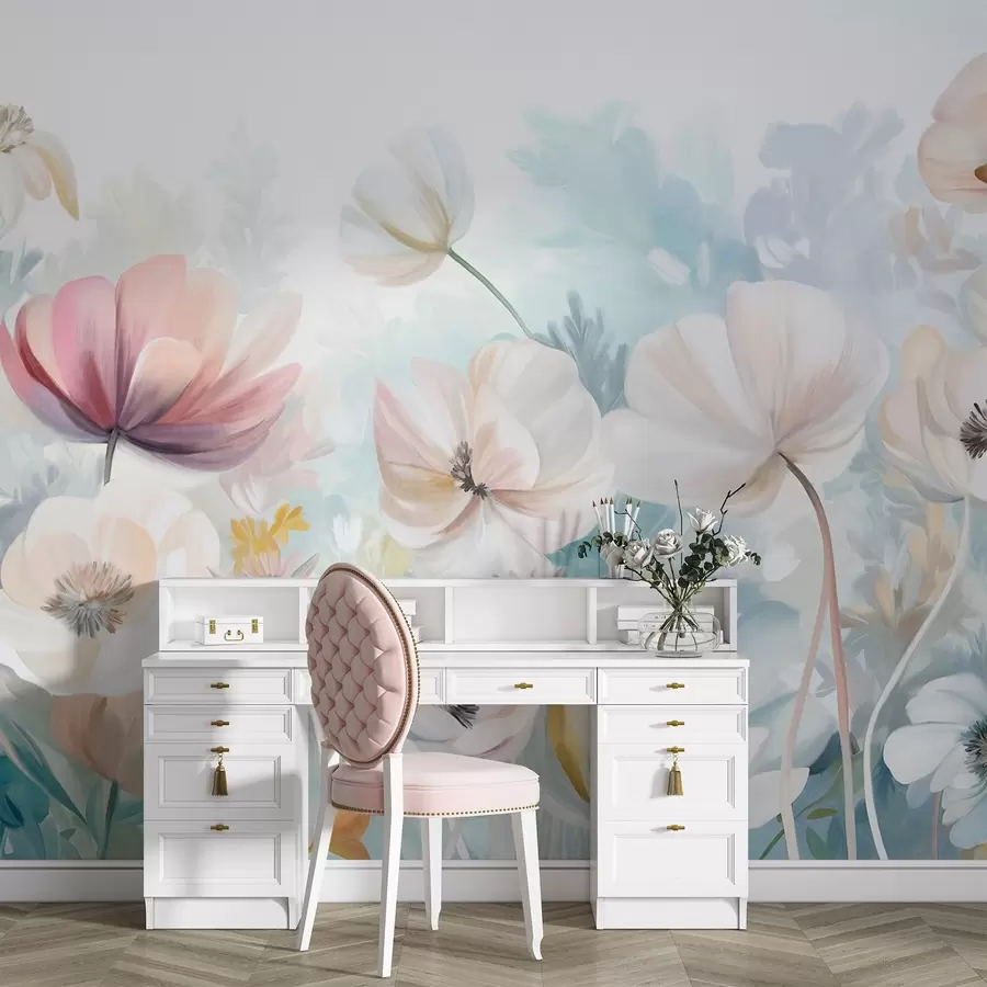 wall murals A field of pastel-colored flowers with delicate petals, soft green leaves, in a dreamy, textured watercolor style w09481