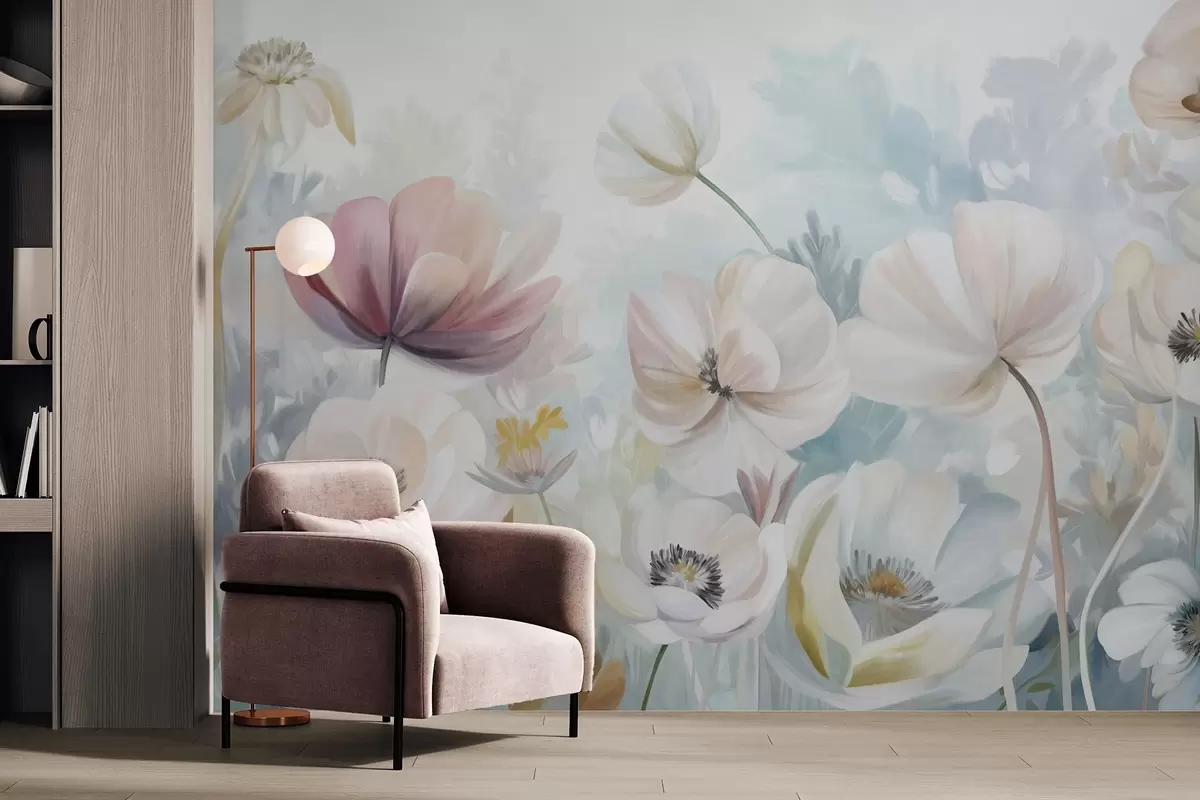 wall murals A field of pastel-colored flowers with delicate petals, soft green leaves, in a dreamy, textured watercolor style w09481