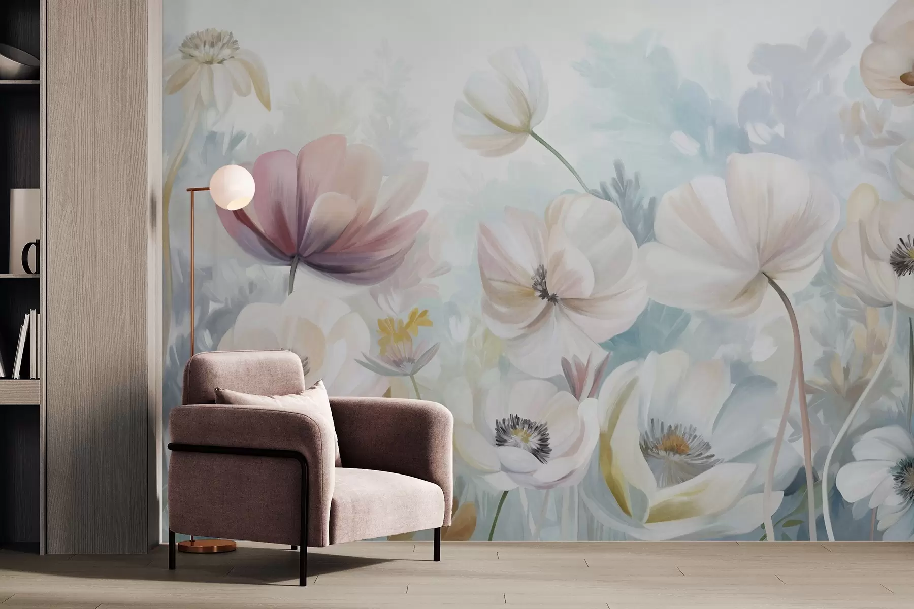wall murals A field of pastel-colored flowers with delicate petals, soft green leaves, in a dreamy, textured watercolor style w09481