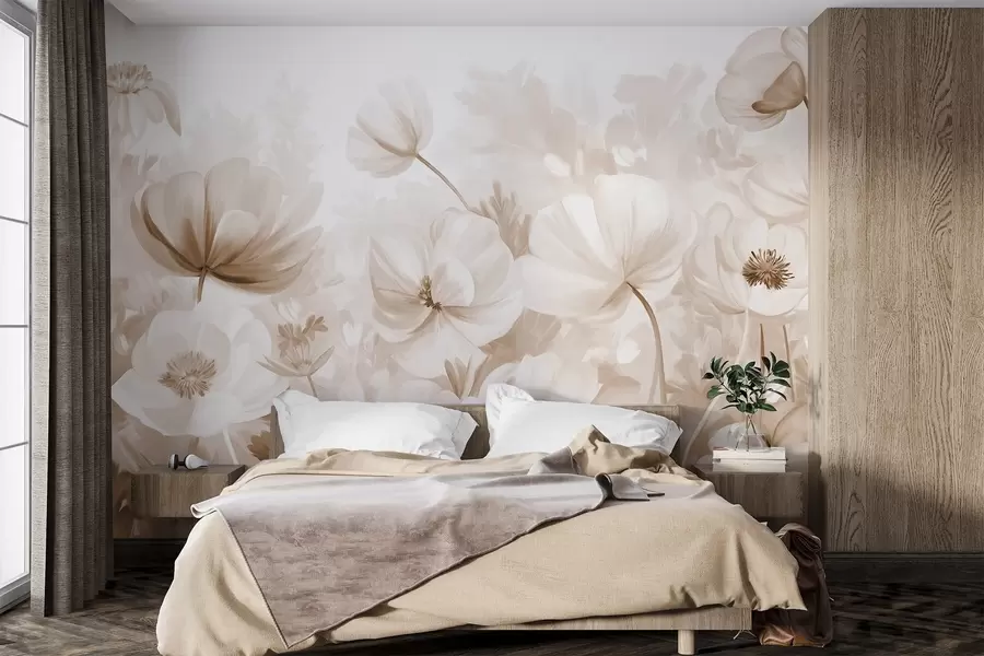 wall murals A field of beige flowers with delicate petals, soft brown leaves, in a dreamy, textured watercolor style w09481v1