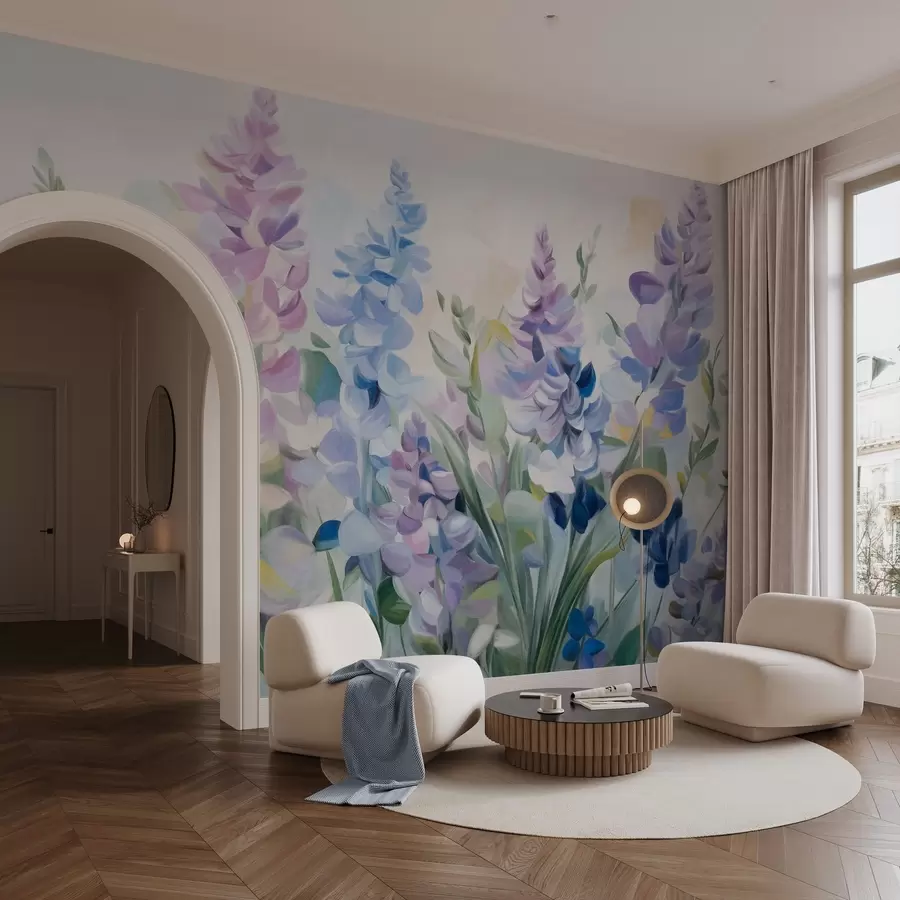 wall murals Purple and blue textured flowers with blue leaves, light background, soft brush strokes, vibrant colors w09482