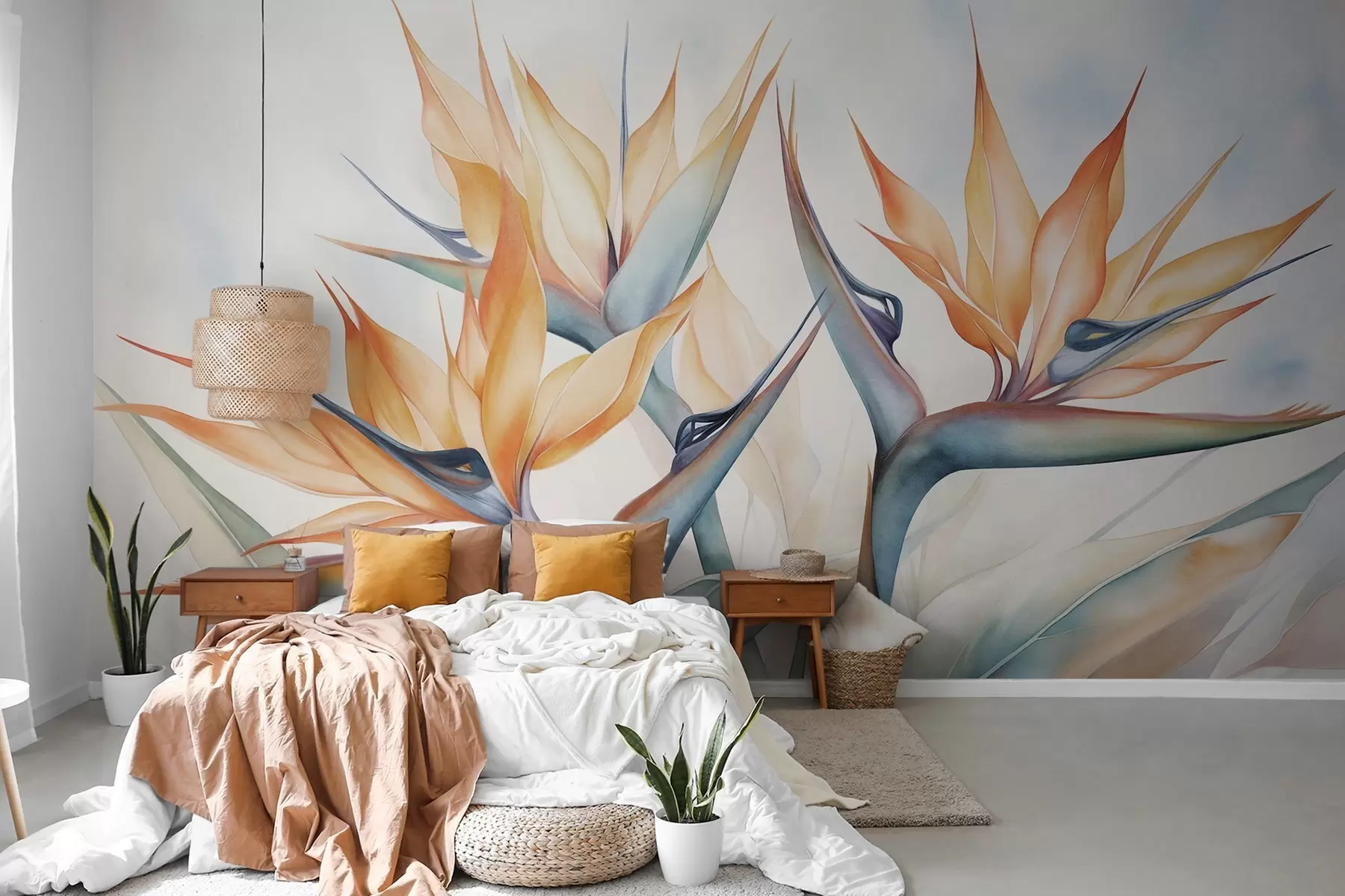 wall murals Bird of paradise flower, strelitzia with orange petals, soft watercolor textured style, light background w09483