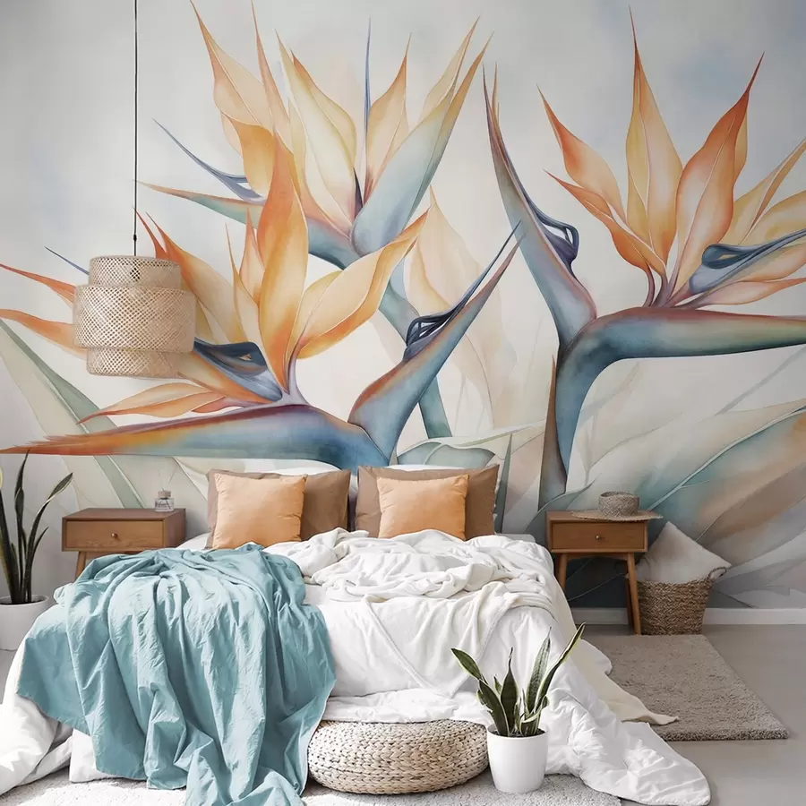 wall murals Bird of paradise flower, strelitzia with orange petals, soft watercolor textured style, light background w09483