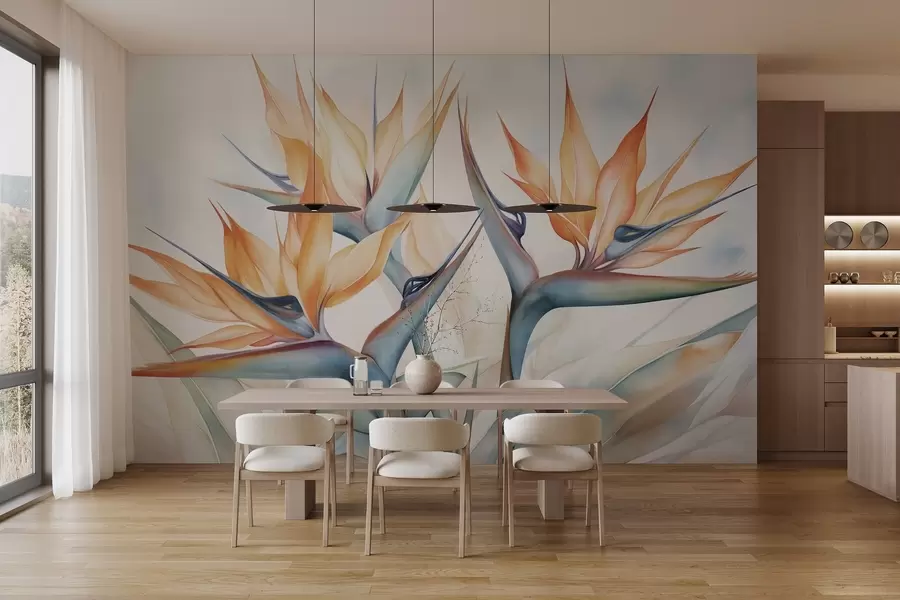 wall murals Bird of paradise flower, strelitzia with orange petals, soft watercolor textured style, light background w09483