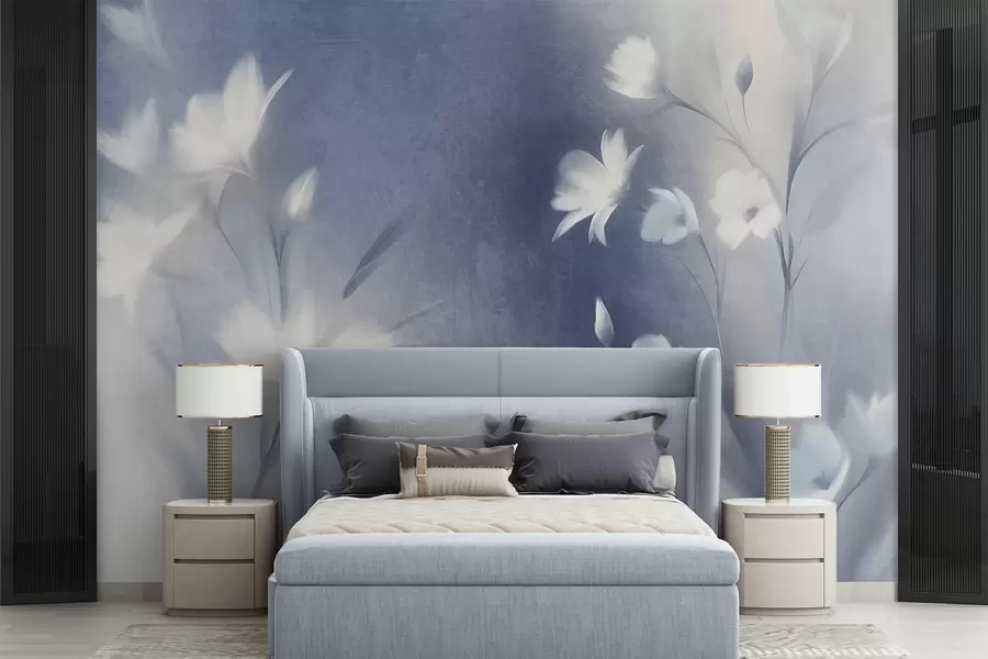 wall murals White textured flowers with long stems , soft buds against a blurred background of blue and white hues w09484
