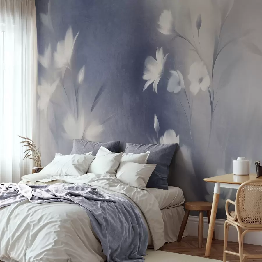 wall murals White textured flowers with long stems , soft buds against a blurred background of blue and white hues w09484