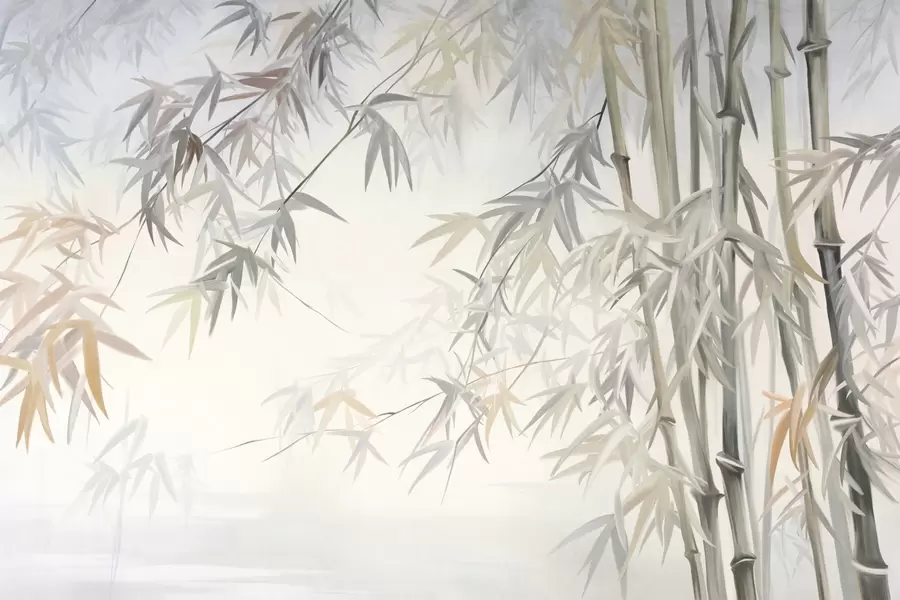 wall murals Textured bamboo stems and leaves in a soft, muted color palette of gray, white and cream, minimalist composition w09485