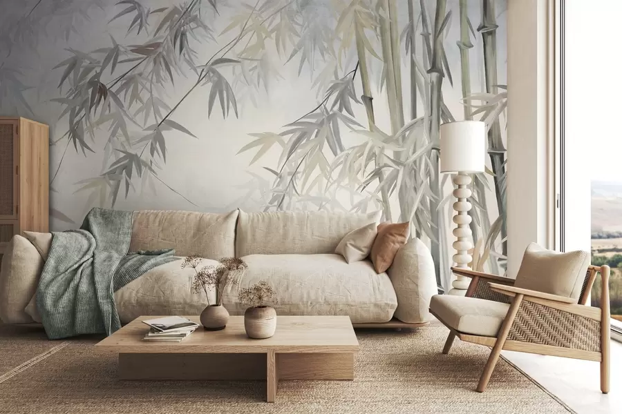 wall murals Textured bamboo stems and leaves in a soft, muted color palette of gray, white and cream, minimalist composition w09485