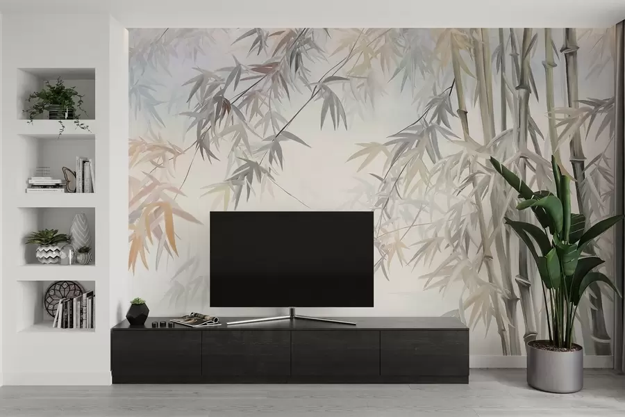 wall murals Textured bamboo stems and leaves in a soft, muted color palette of gray, white and cream, minimalist composition w09485