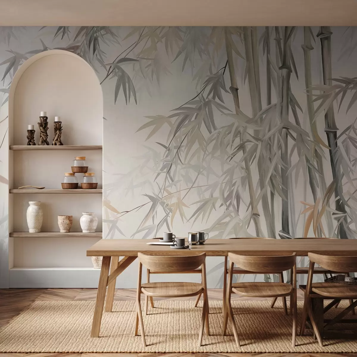 wall murals Textured bamboo stems and leaves in a soft, muted color palette of gray, white and cream, minimalist composition w09485