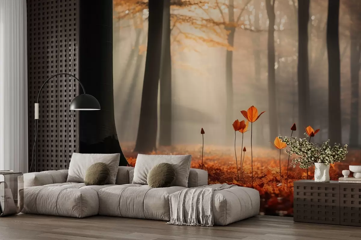 wall murals Autumn forest with sun rays and bright foliage w04710