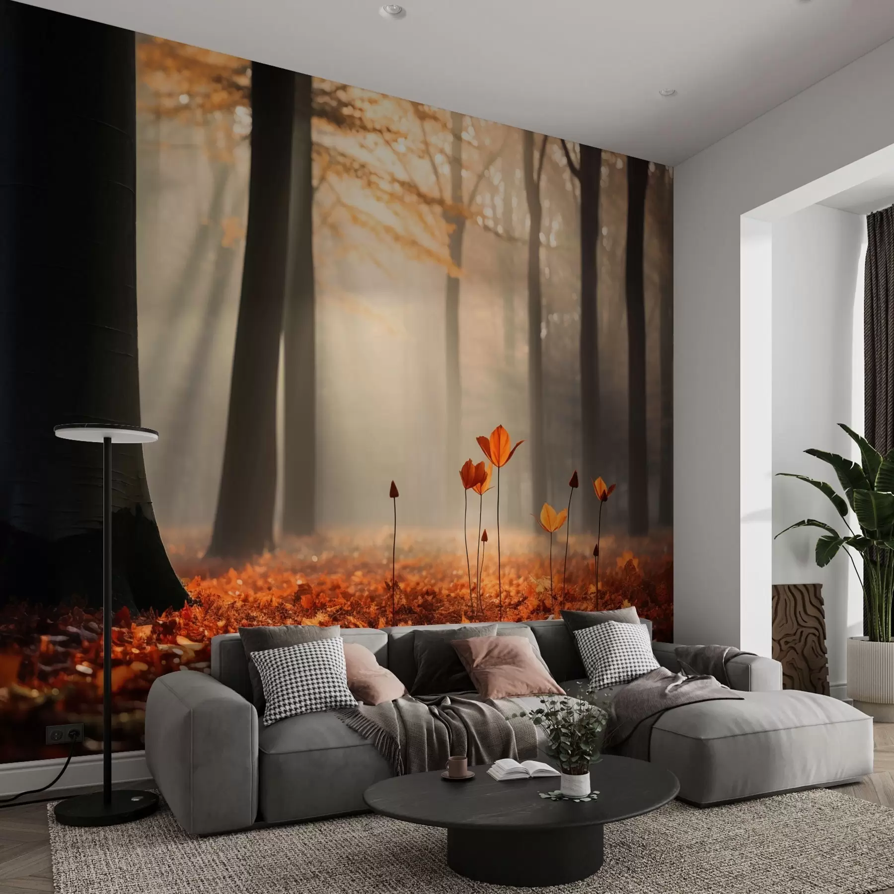 wall murals Autumn forest with sun rays and bright foliage w04710