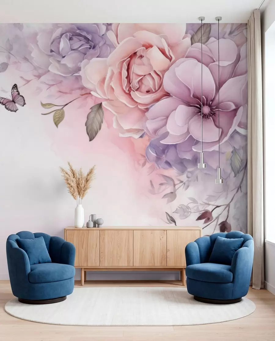 wall murals Butterflies and Blush Blooms w04711