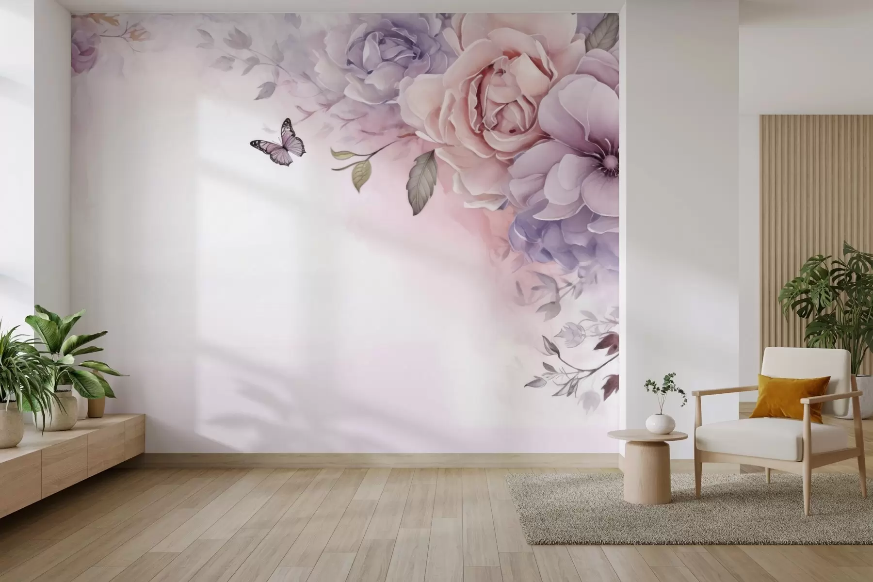 wall murals Delicate pink and lilac flowers with a butterfly w04711