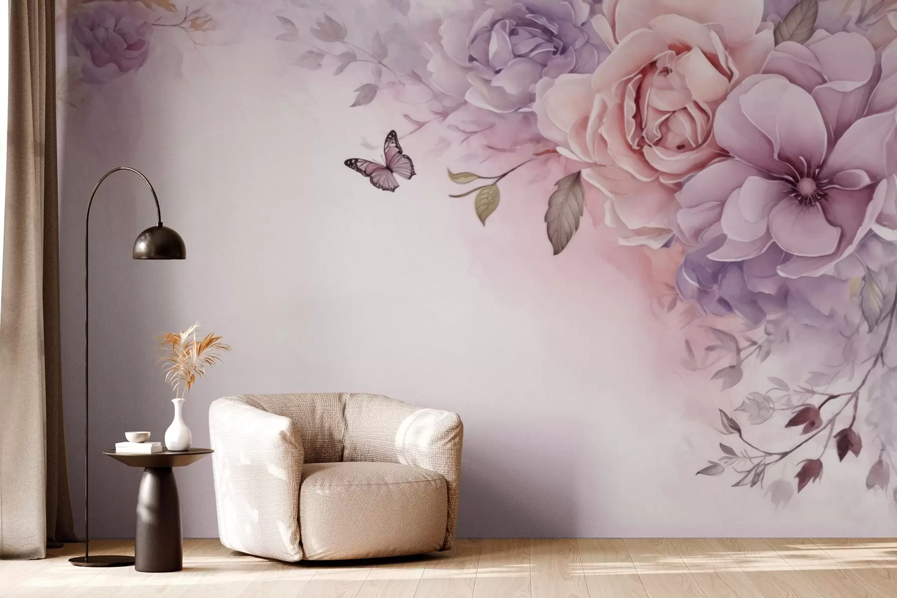 wall murals Delicate pink and lilac flowers with a butterfly w04711