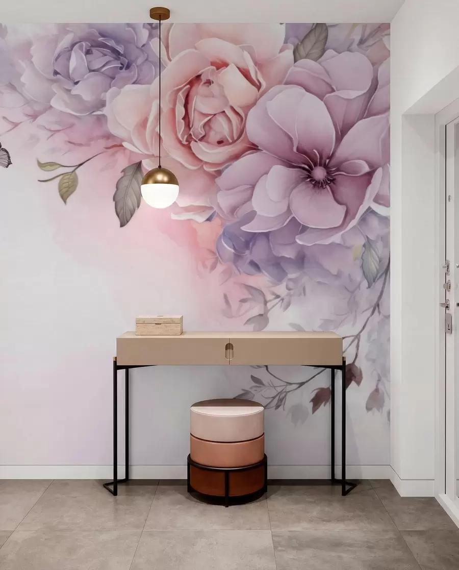 wall murals Delicate pink and lilac flowers with a butterfly w04711