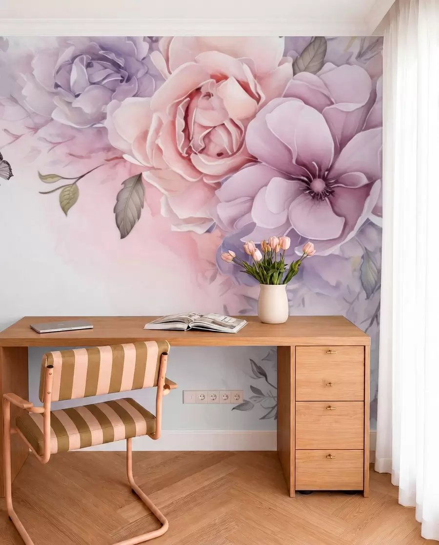 wall murals Delicate pink and lilac flowers with a butterfly w04711