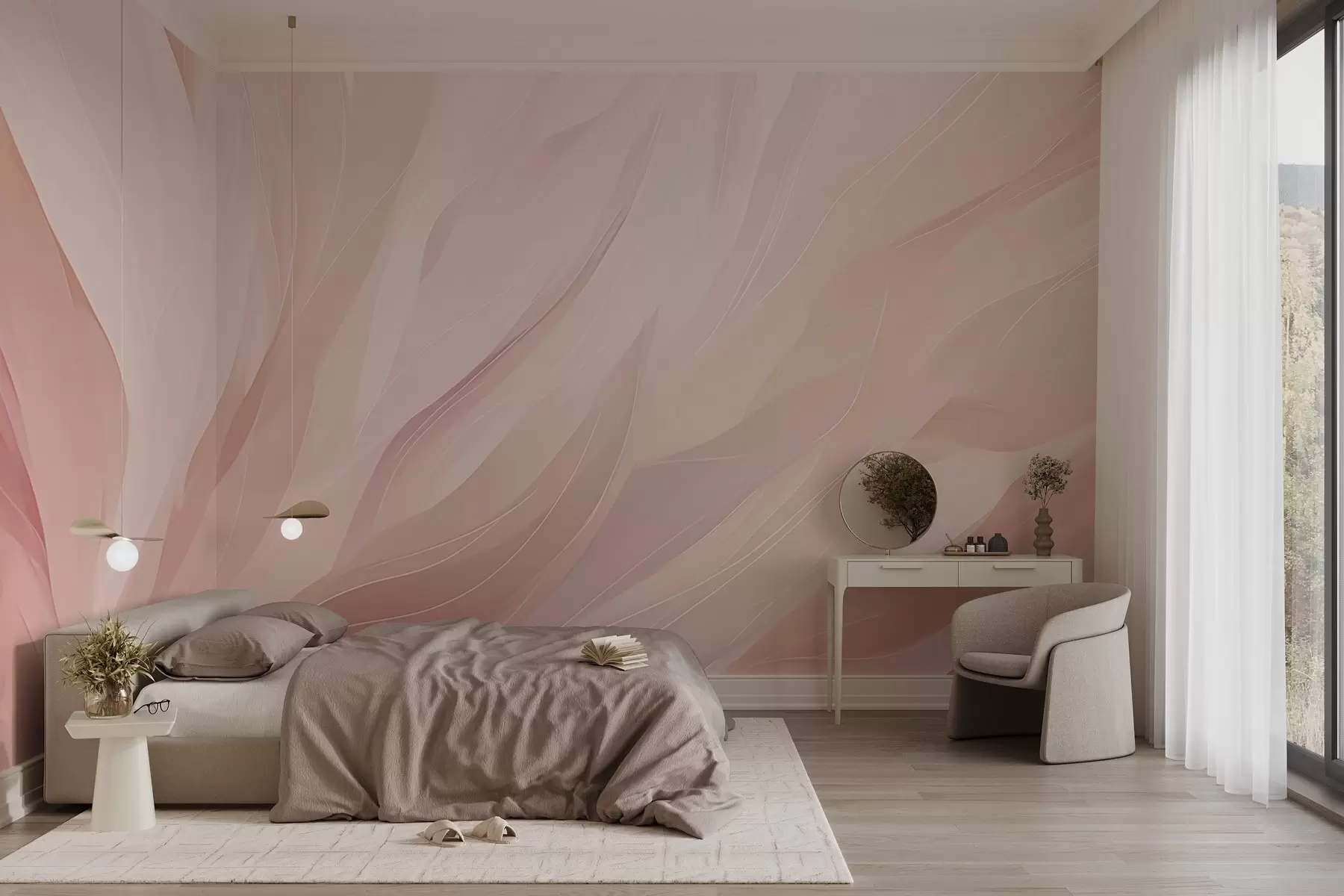 wall murals Abstract soft strokes in pastel pink and peach tones w04731