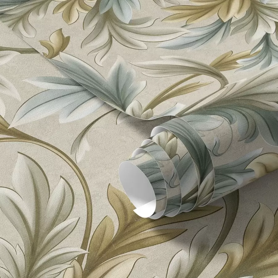 wall murals Voluminous leaves in pastel shades of green and beige a00674