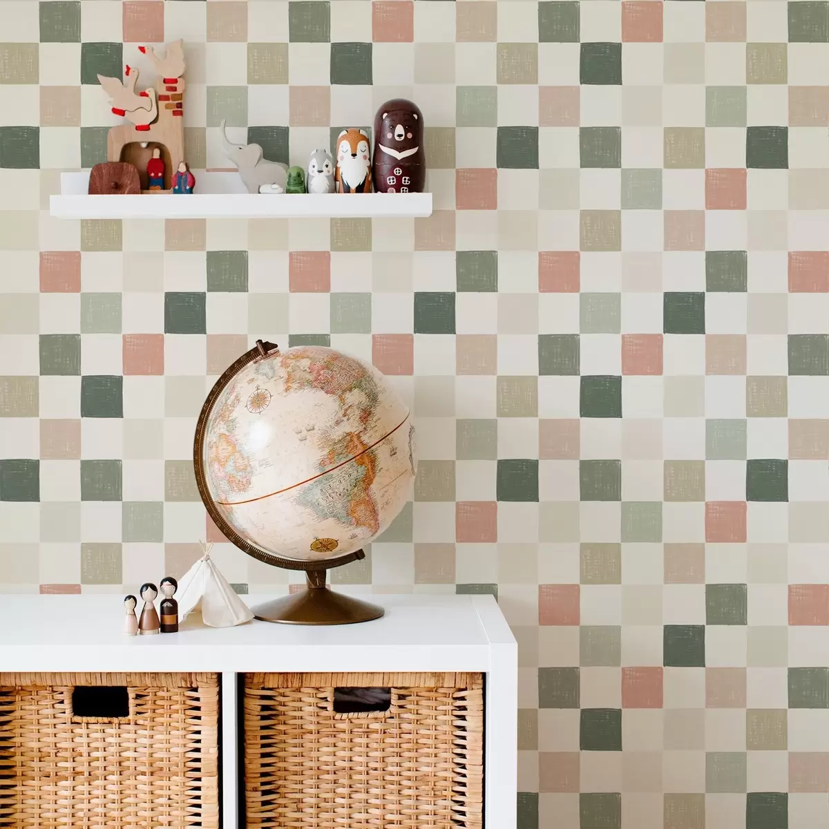 Wallpaper Soft plaid in pastel green, pink and beige tones a00676