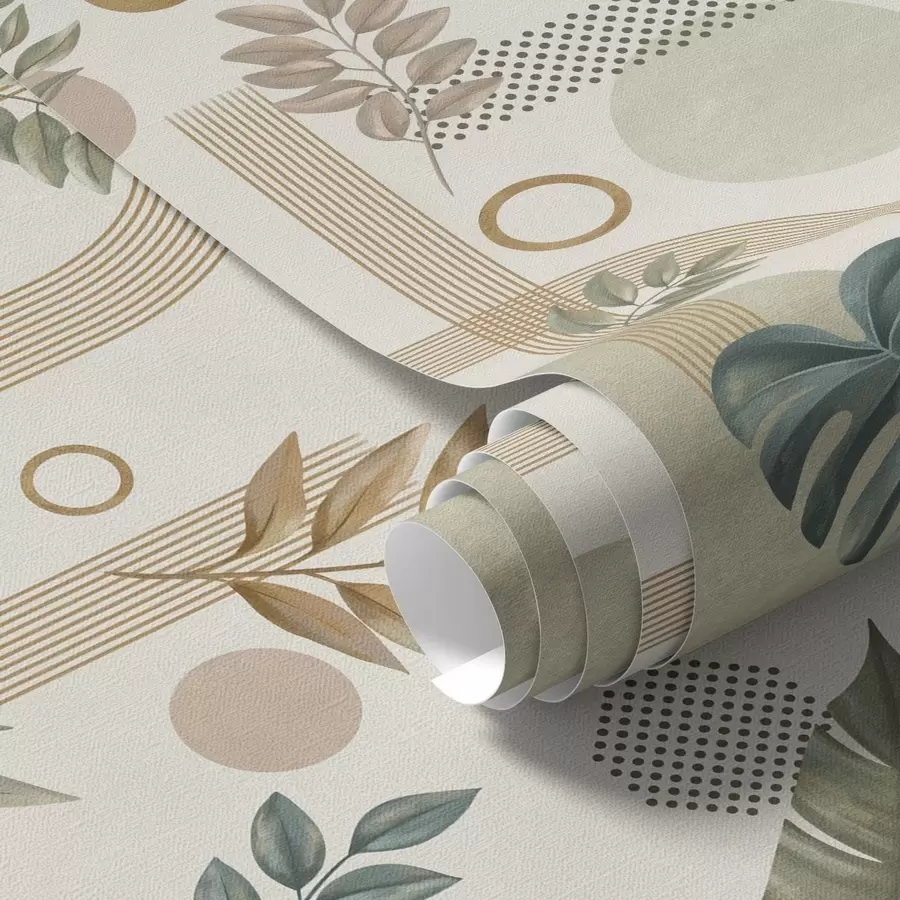 wall murals Leaves and geometric shapes in calm warm shades a00677