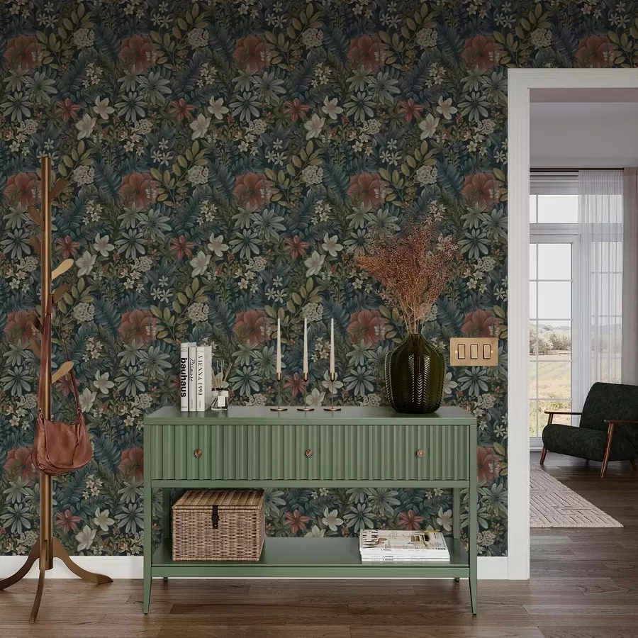 wall murals Dark background with dense flowers and leaves in warm tones a00678