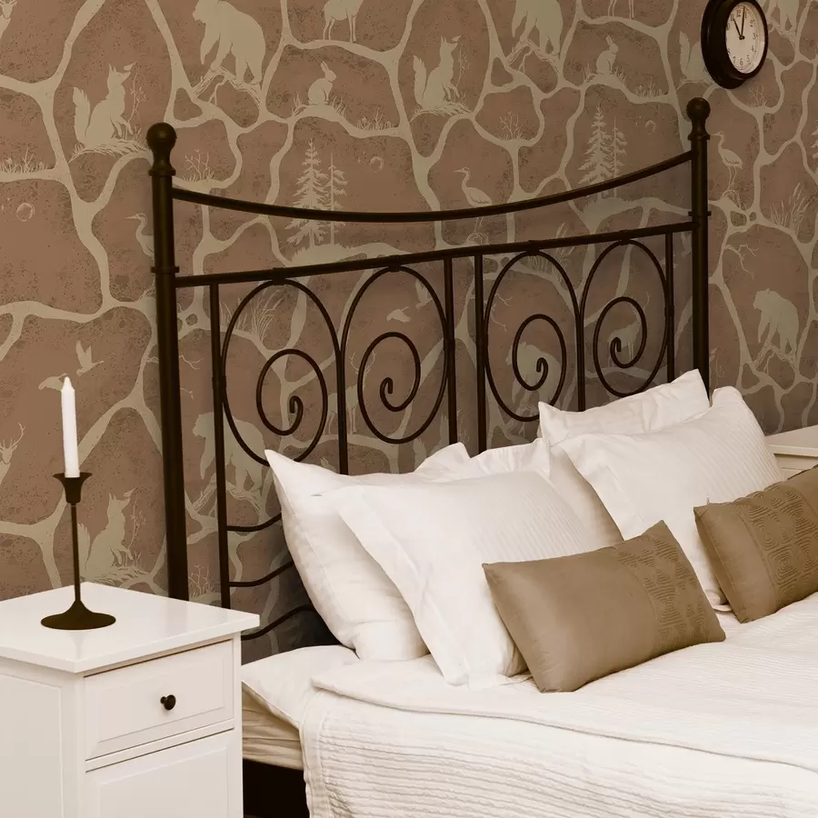 wall murals Silhouettes of animals and trees in a natural landscape with stone texture a00727