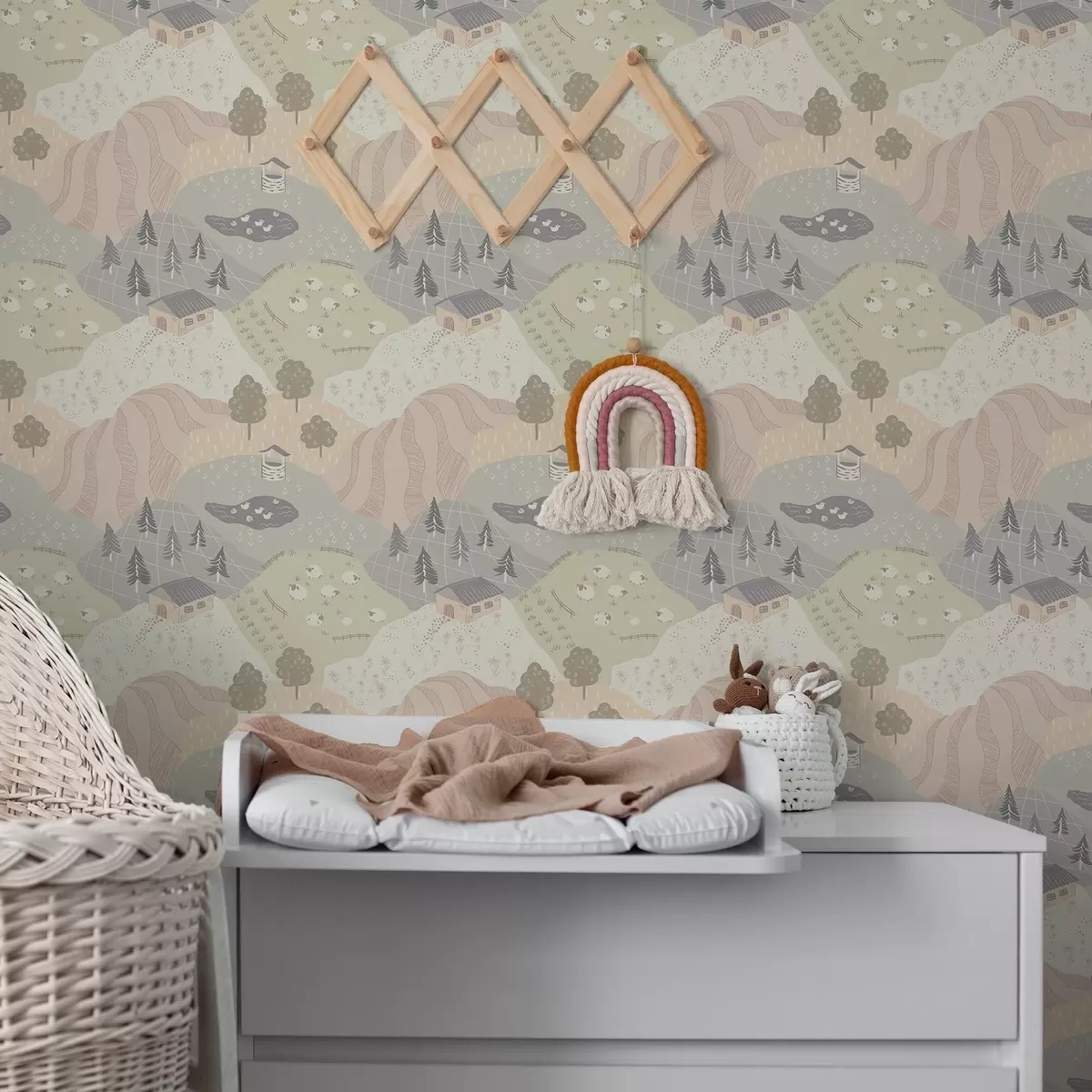 Wallpaper Fairytale countryside with trees, geese and sheep a00728