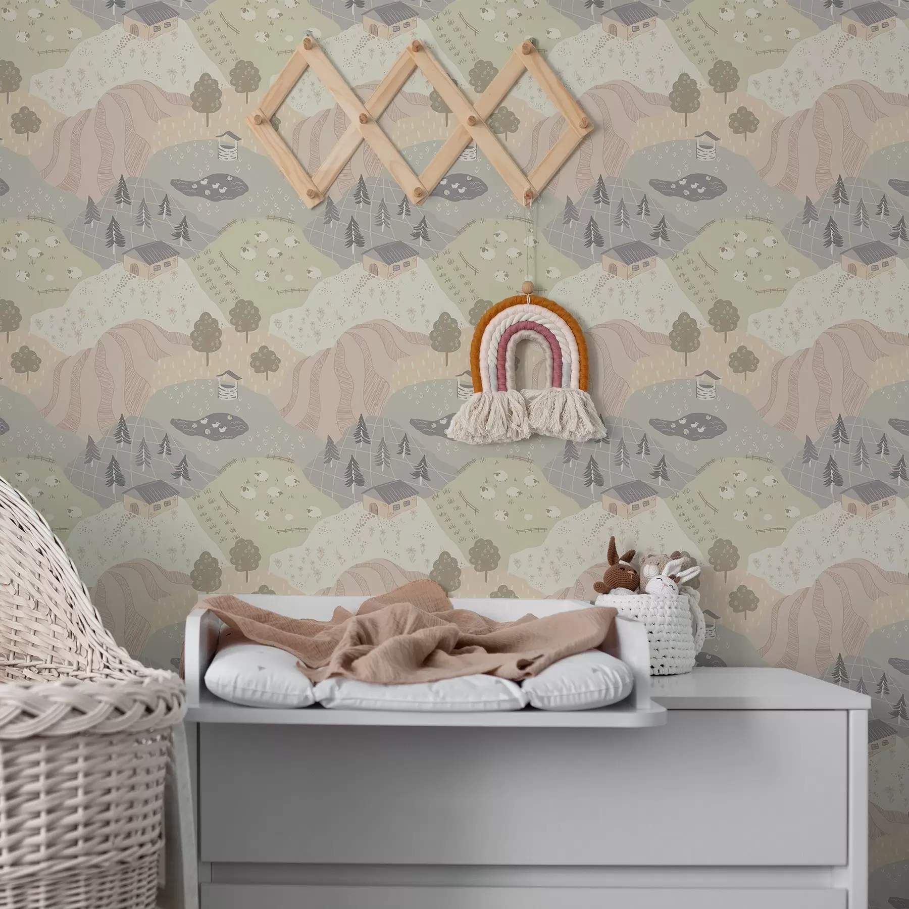 wall murals Fairytale countryside with trees, geese and sheep a00728