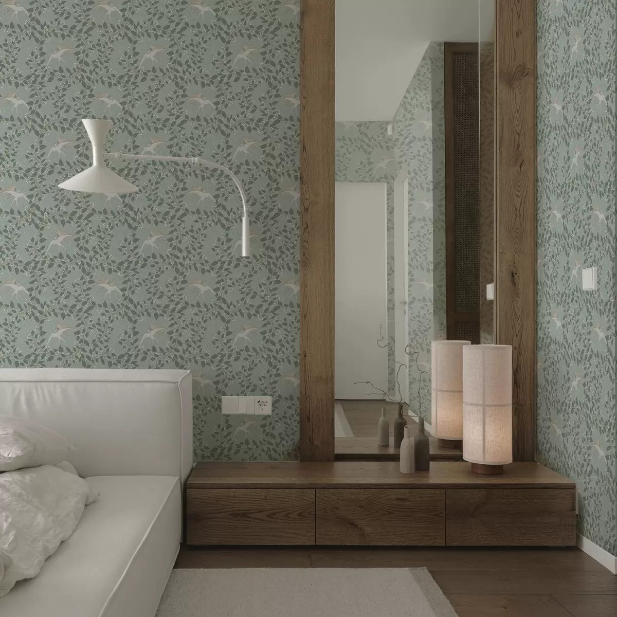 Wallpaper Branches with white berries and birds on a green background a00731