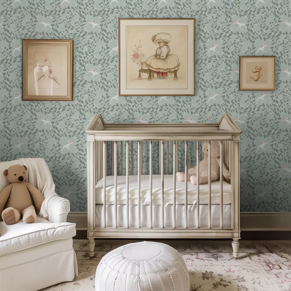 Wallpaper Branches with white berries and birds on a green background a00731